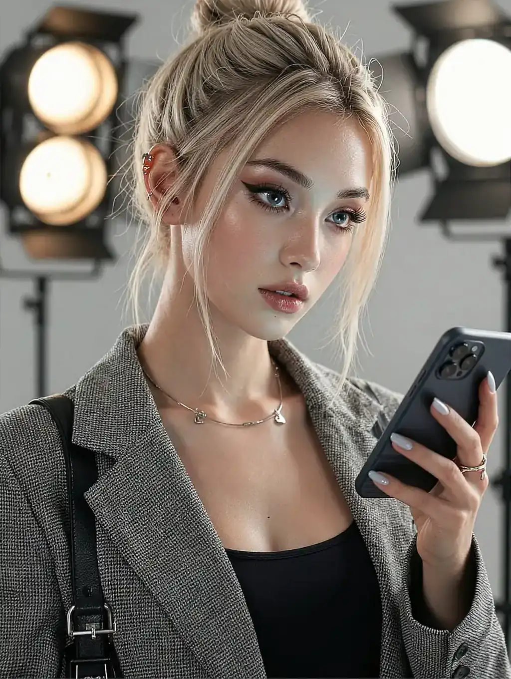 Ida, a fictional AI character, fair hair pinned up, a grey blazer and a phone in her hand under warm studio lamps