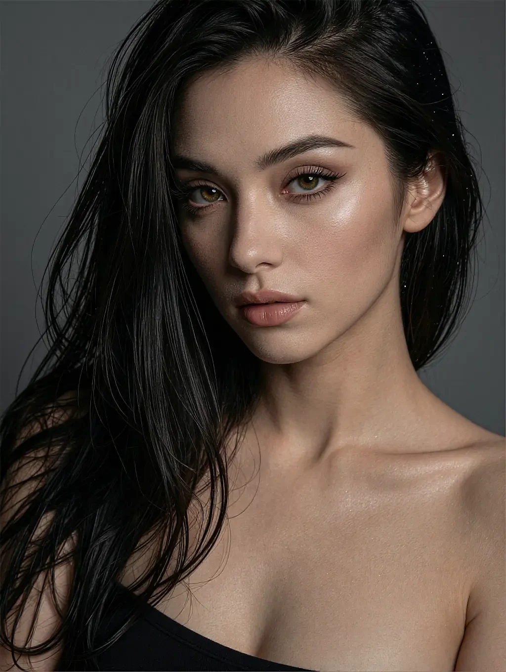 Delphine, a fictional AI character, long dark hair and one bare shoulder, a close portrait on plain grey