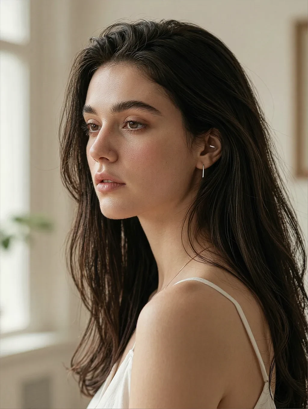 Fictional AI character on the sapphic romance page, in a white strap top looking back over her shoulder in a bright room