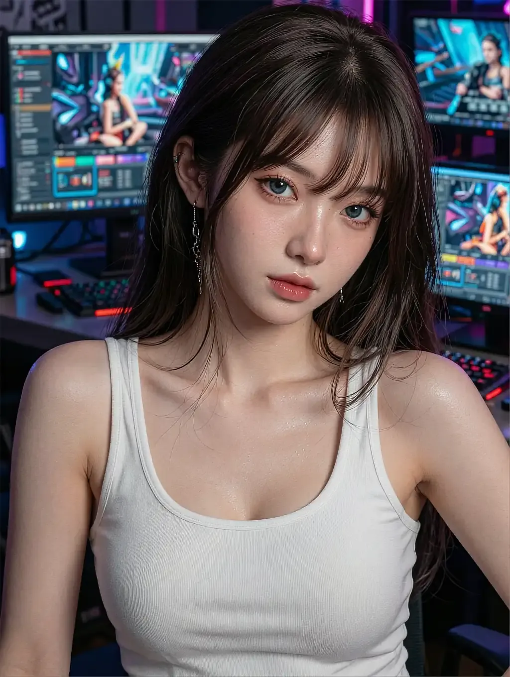 Fictional AI character on the sapphic romance page, in a white vest top at a desk of lit monitors
